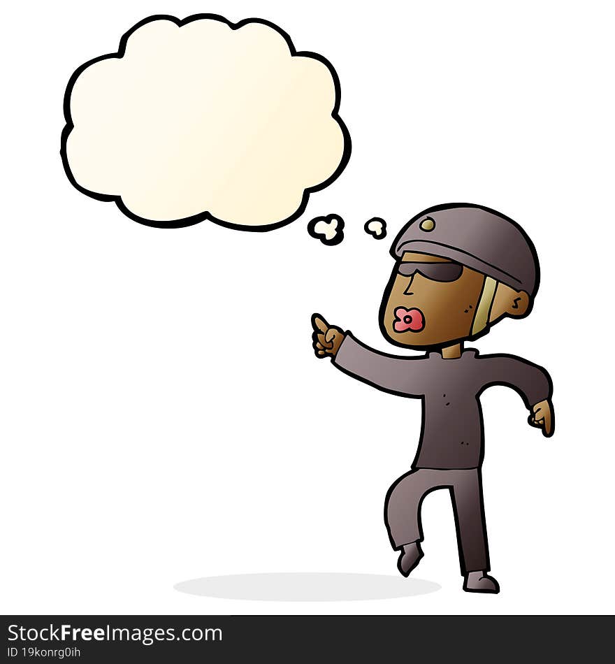 cartoon man in bike helmet pointing with thought bubble