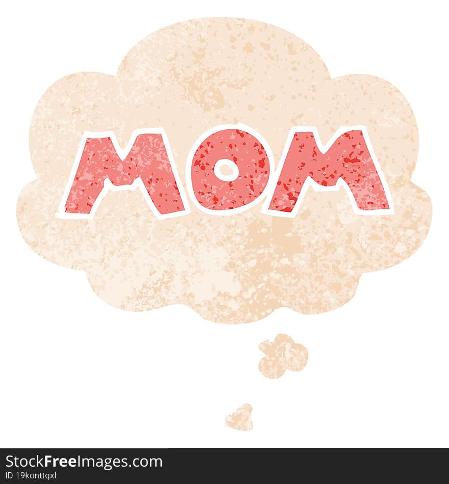 cartoon word mom and thought bubble in retro textured style