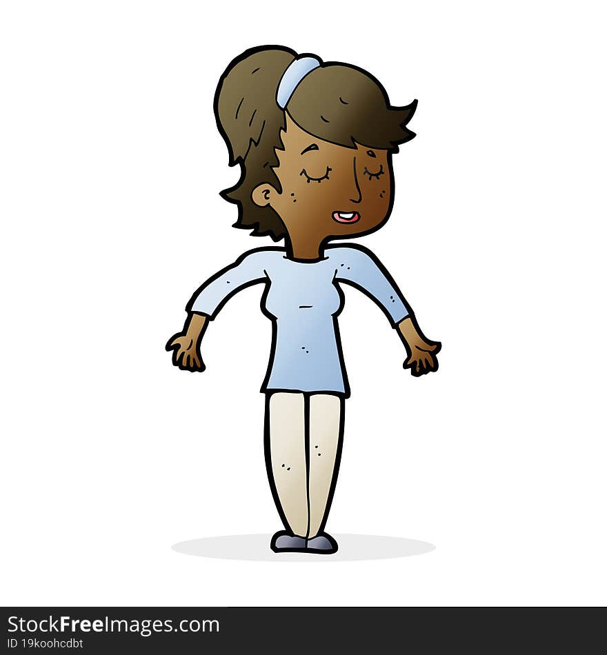 cartoon friendly woman shrugging shoulders