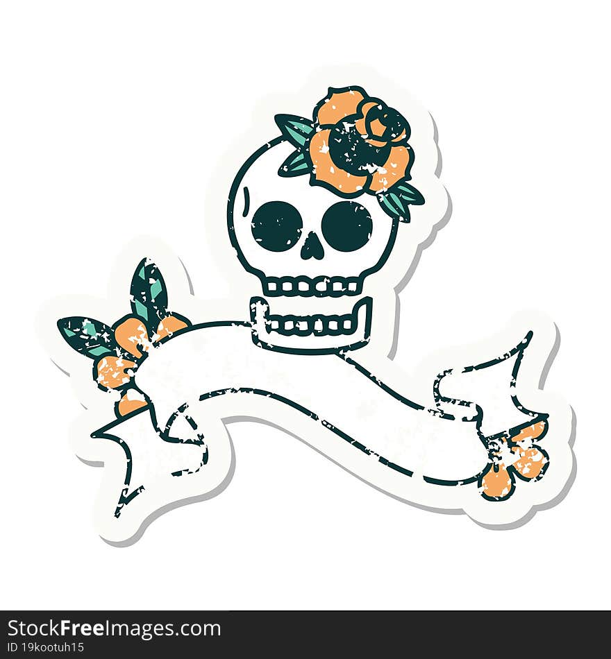 grunge sticker with banner of a skull and rose