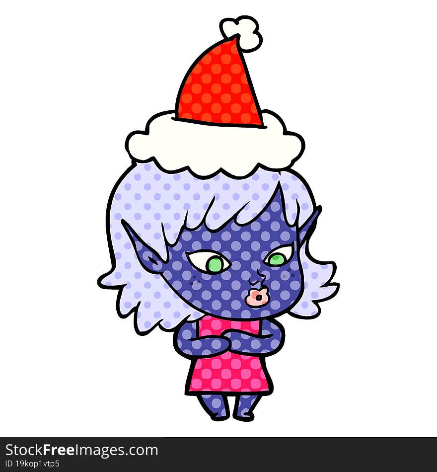 Pretty Comic Book Style Illustration Of A Elf Girl Wearing Santa Hat