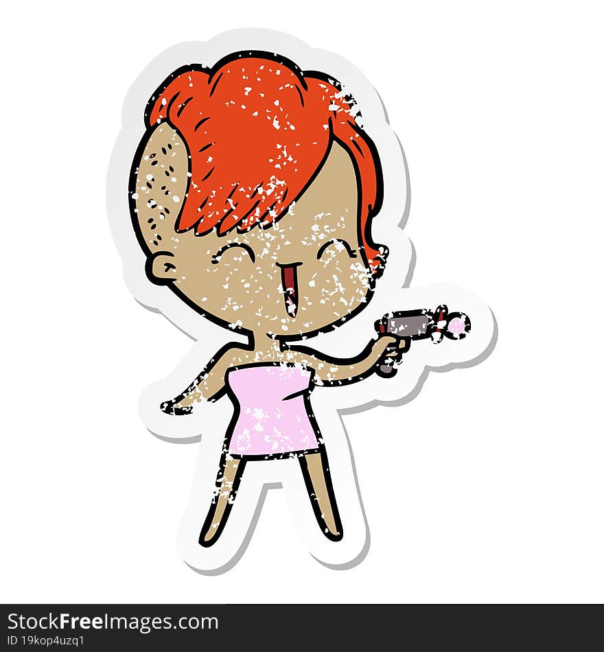 Distressed Sticker Of A Cartoon Happy Hipster Girl