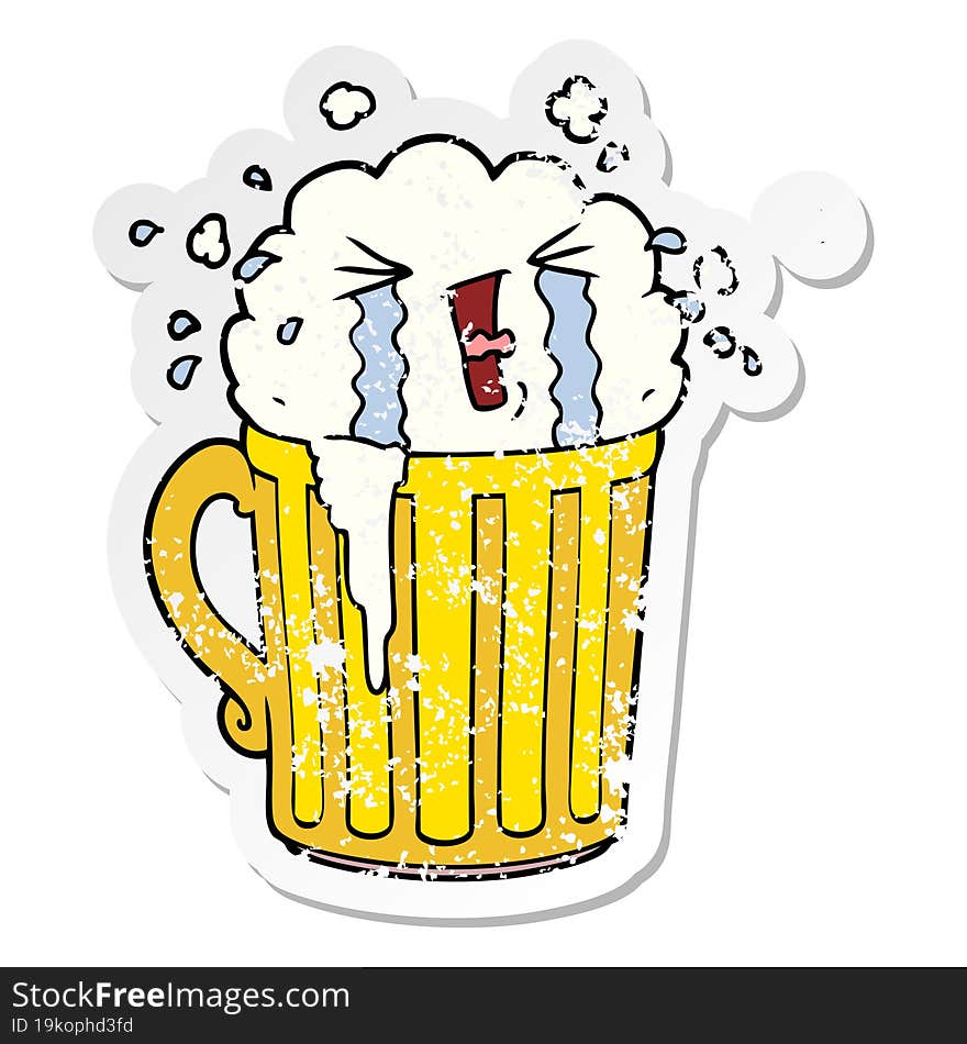 distressed sticker of a cartoon mug of beer crying