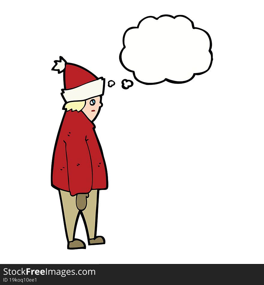 cartoon person in winter clothes with thought bubble