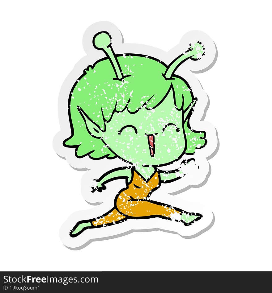 distressed sticker of a cartoon alien girl laughing