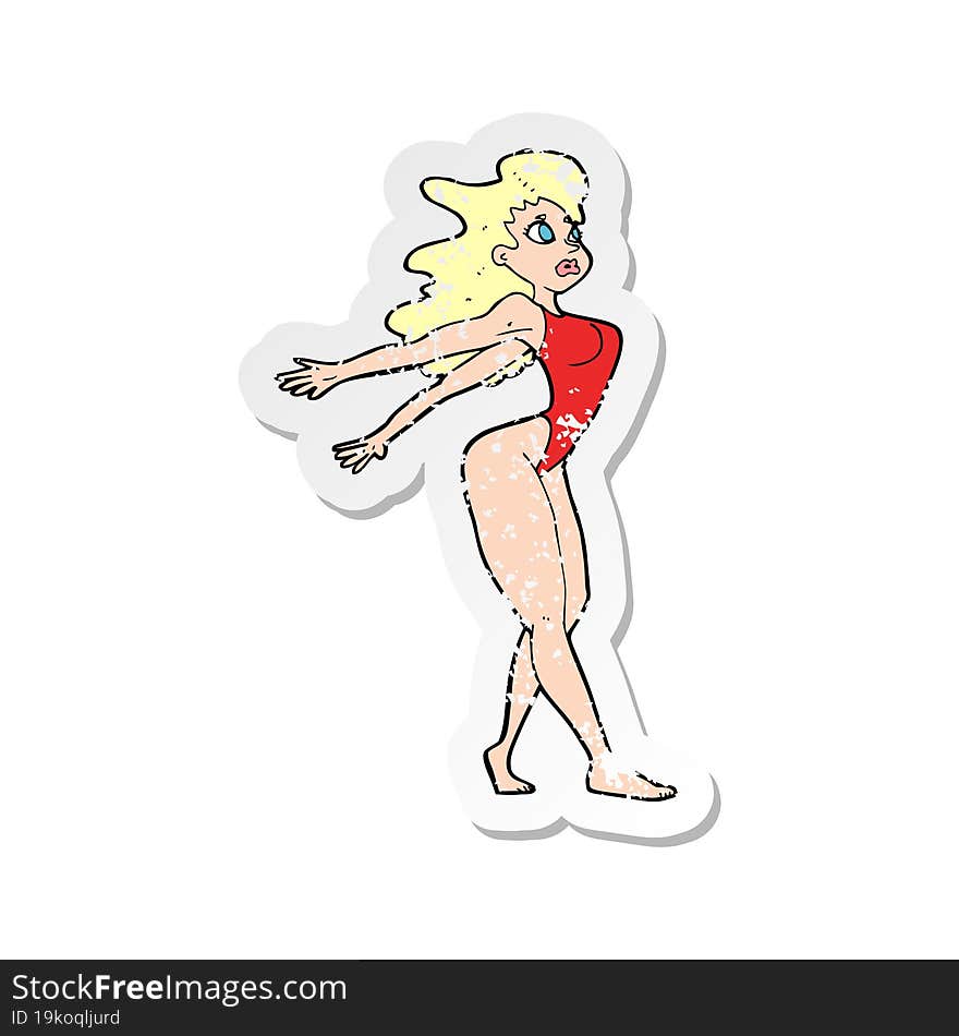 retro distressed sticker of a cartoon sexy woman in swimsuit