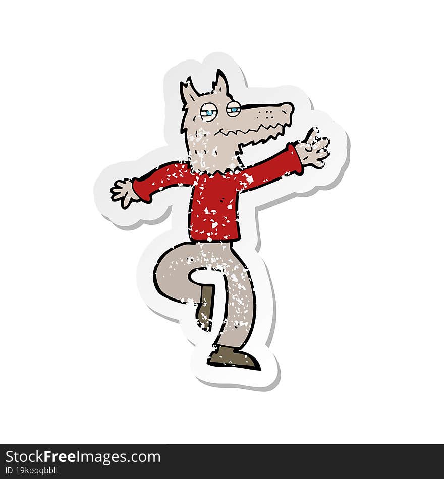 retro distressed sticker of a cartoon happy wolf man