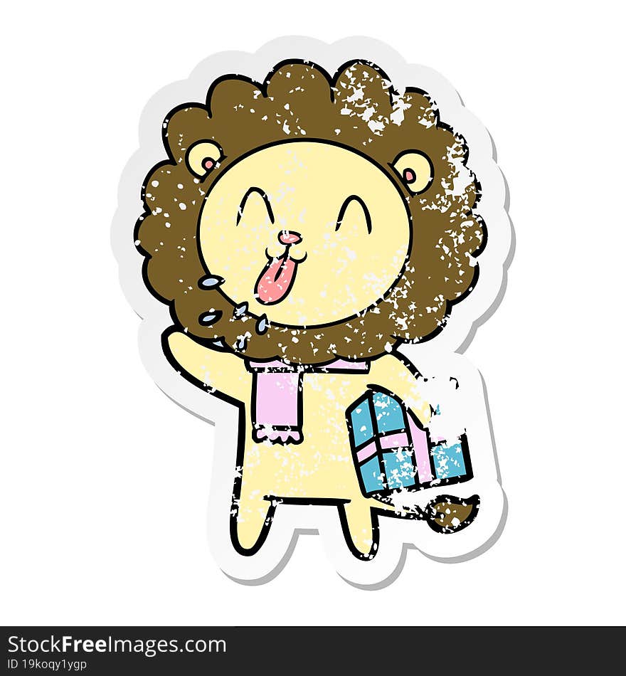 distressed sticker of a happy cartoon lion