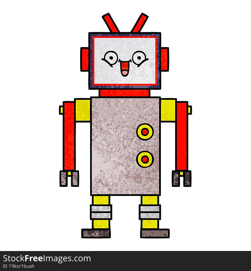 Retro Grunge Texture Cartoon Happy Robot