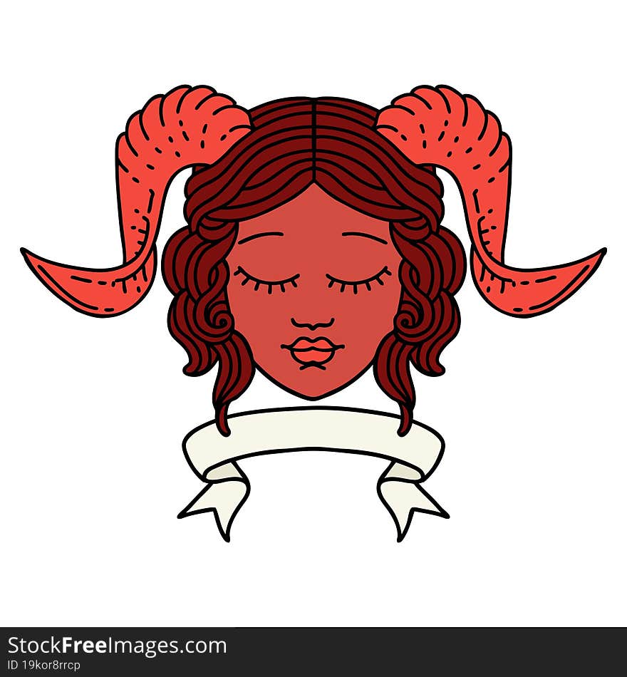 Retro Tattoo Style tiefling character face with scroll banner. Retro Tattoo Style tiefling character face with scroll banner