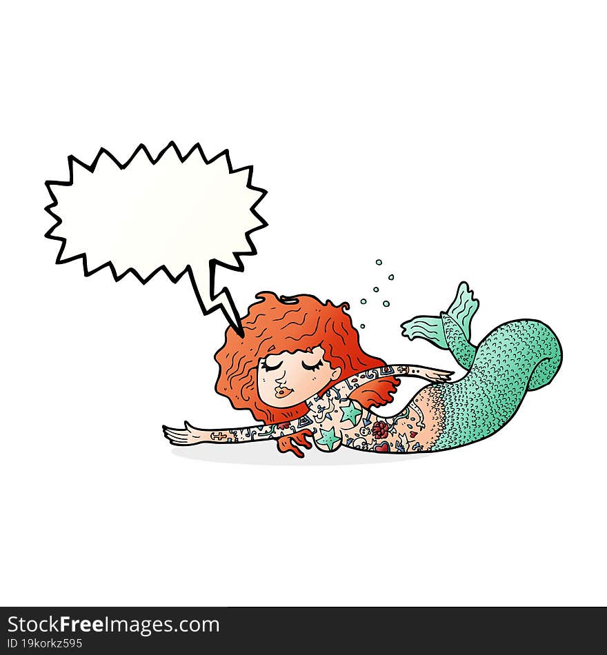 cartoon mermaid with tattoos with speech bubble