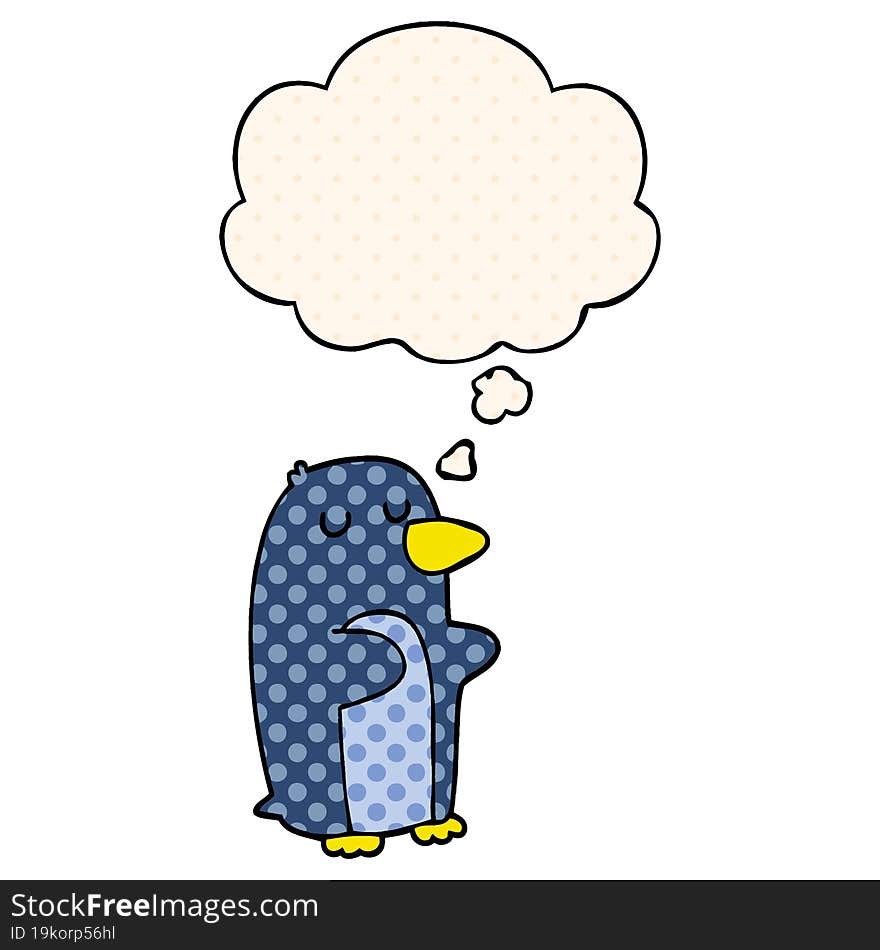 cartoon penguin and thought bubble in comic book style