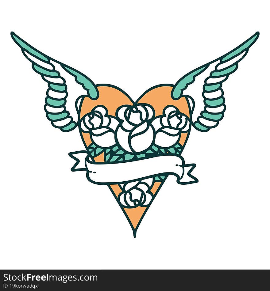 tattoo style icon of a flying heart with flowers and banner