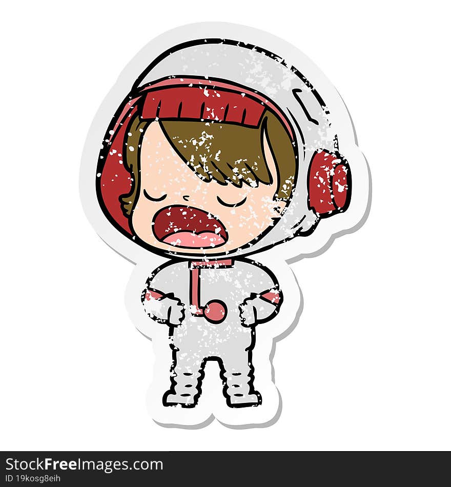 Distressed Sticker Of A Cartoon Talking Astronaut