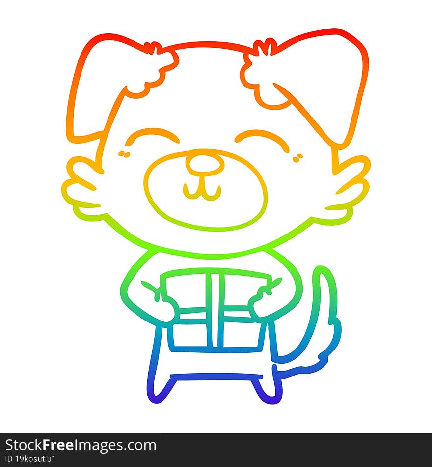 rainbow gradient line drawing cartoon dog with present