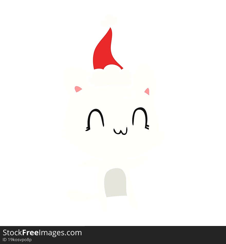 flat color illustration of a happy cat wearing santa hat