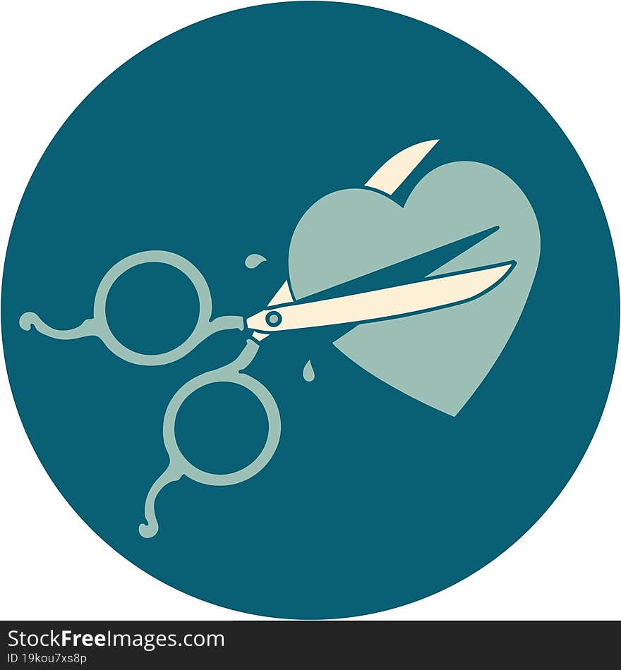 tattoo style icon of scissors cutting a heart