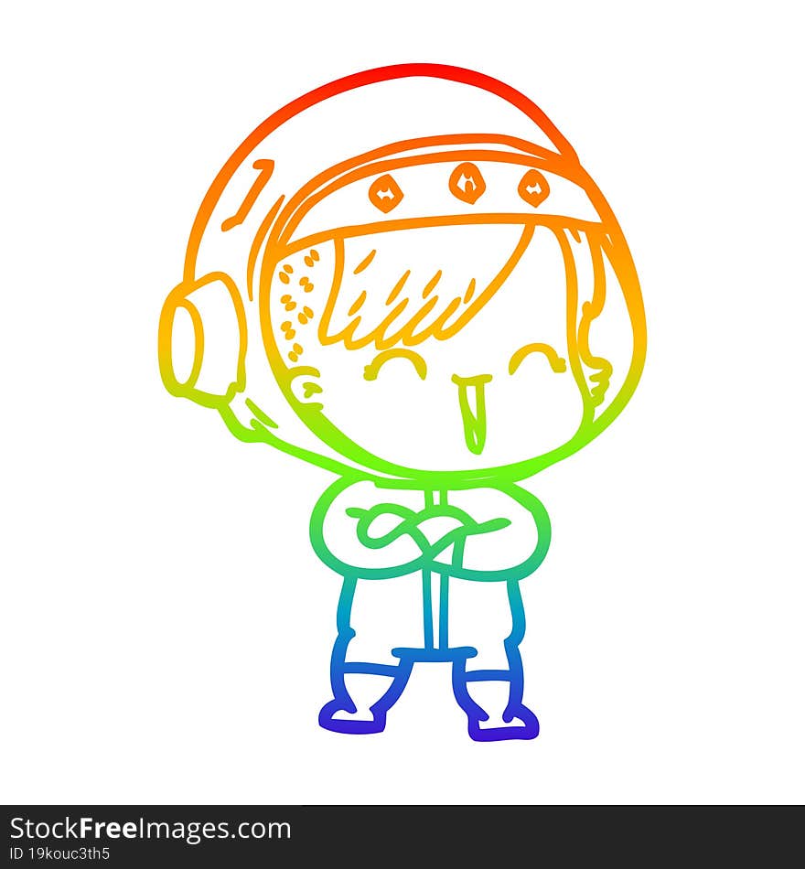 rainbow gradient line drawing of a cartoon laughing astronaut girl