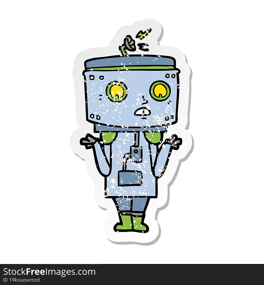 distressed sticker of a cartoon robot shrugging