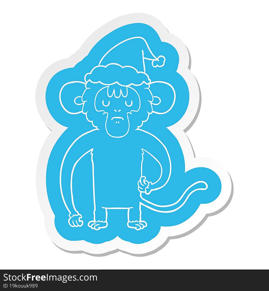 cartoon  sticker of a monkey scratching wearing santa hat