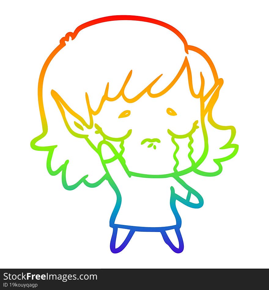 rainbow gradient line drawing of a cartoon crying elf girl