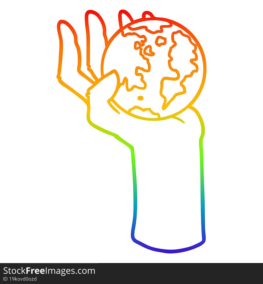 rainbow gradient line drawing of a cartoon hand holding whole earth