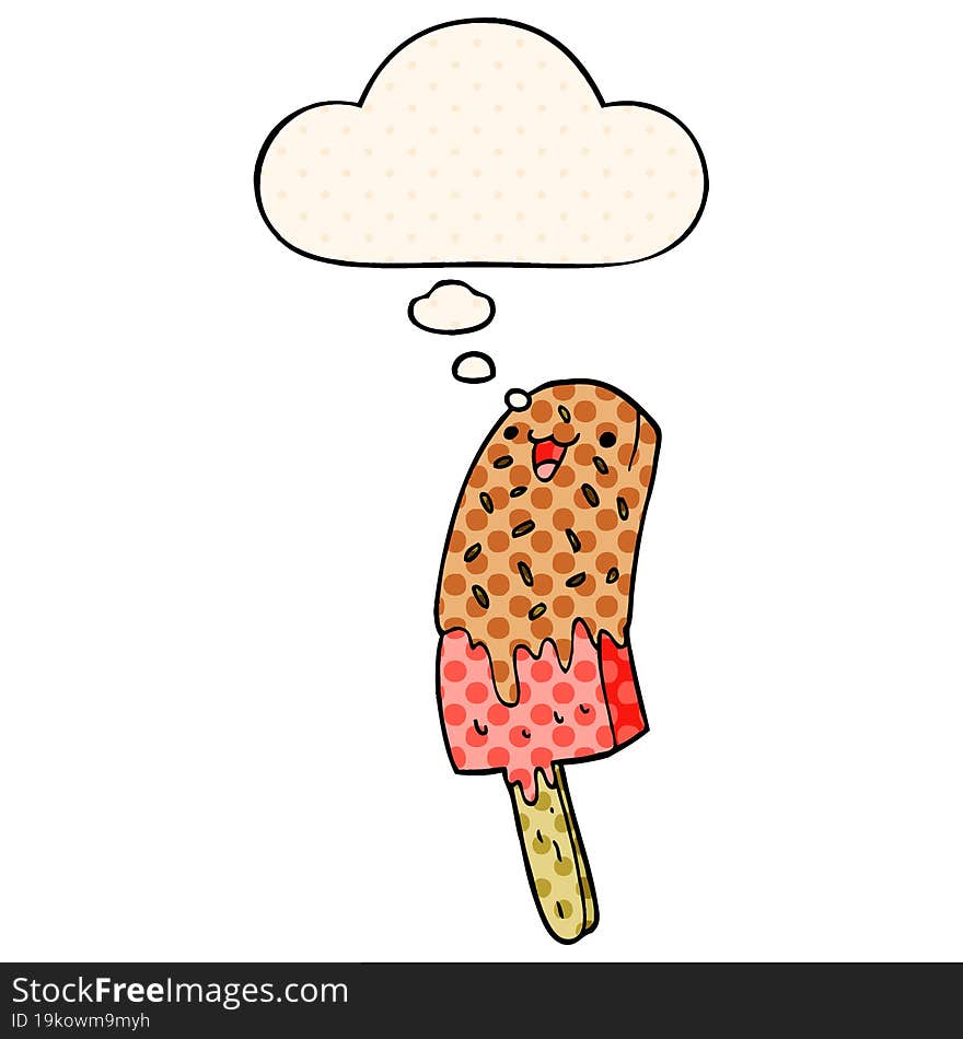 Cute Cartoon Happy Ice Lolly And Thought Bubble In Comic Book Style