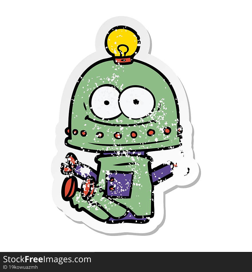 distressed sticker of a happy carton robot with light bulb