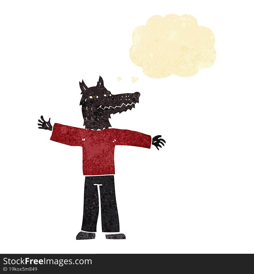 cartoon happy wolf man with thought bubble