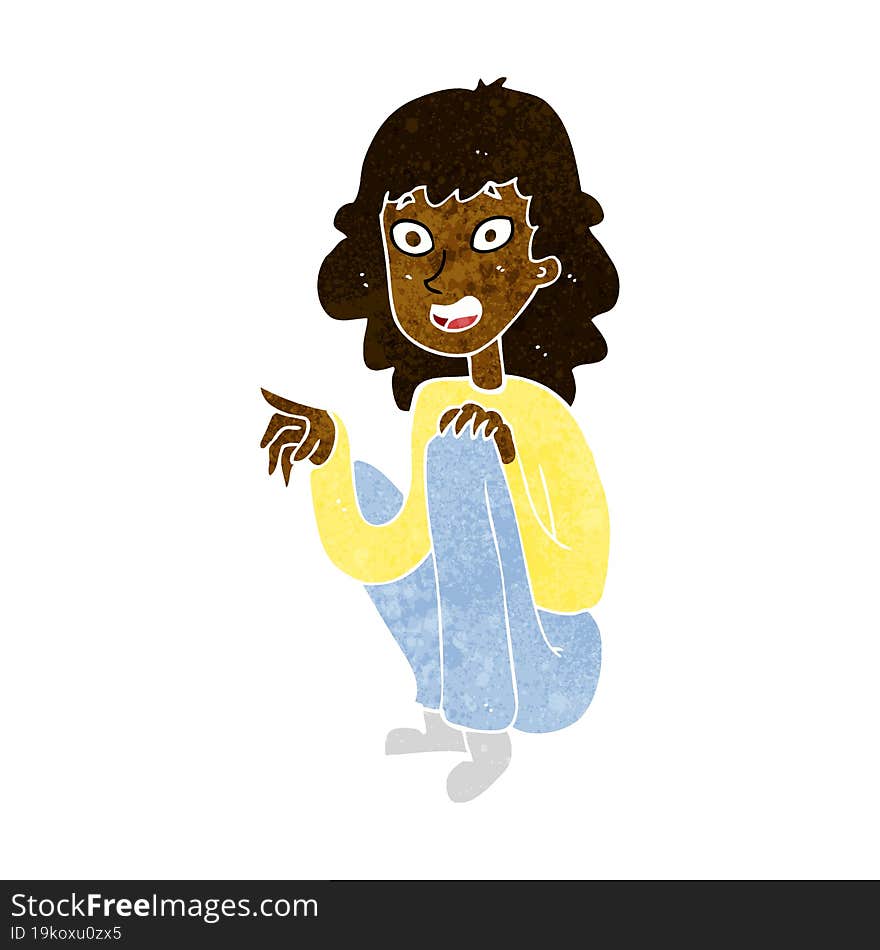 Cartoon Happy Woman Sitting And Pointing