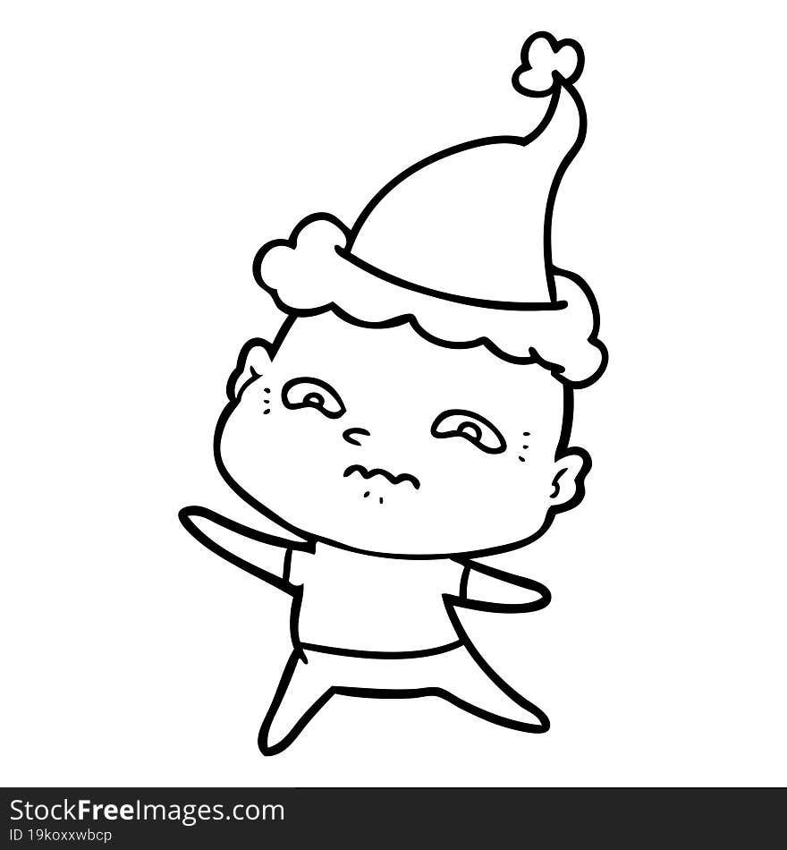 hand drawn line drawing of a nervous man wearing santa hat