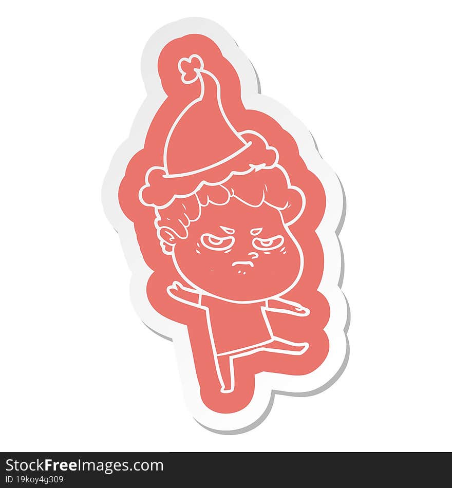 cartoon  sticker of a angry man wearing santa hat