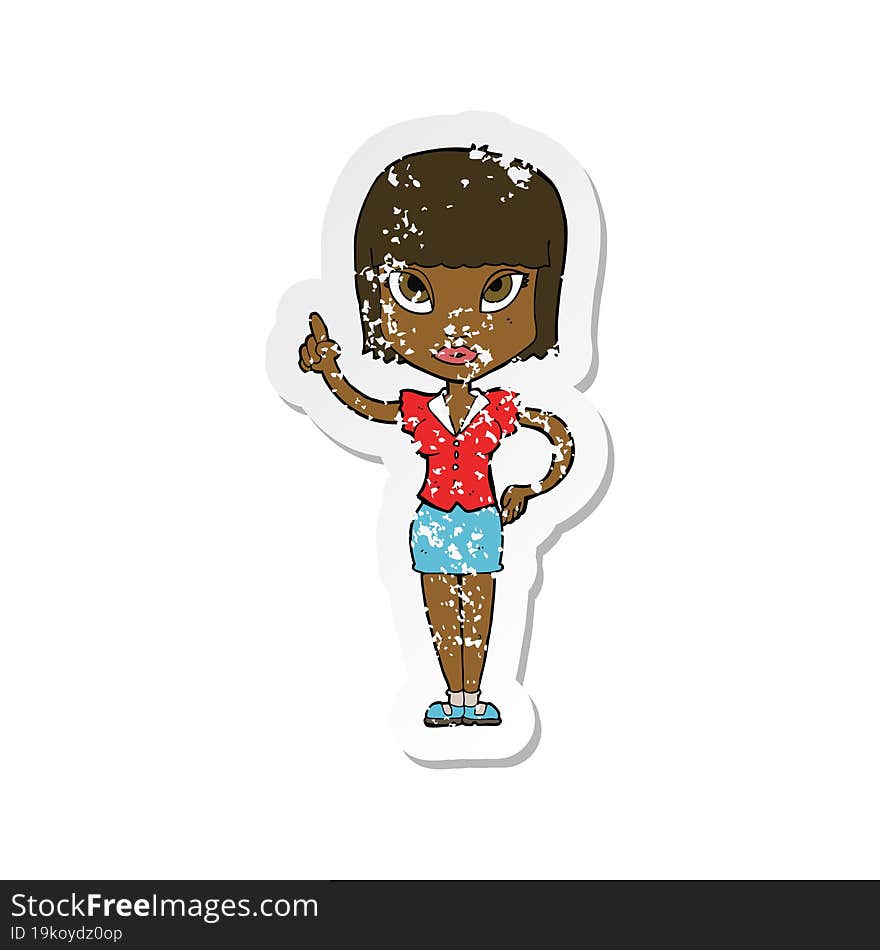 retro distressed sticker of a cartoon pretty girl with idea