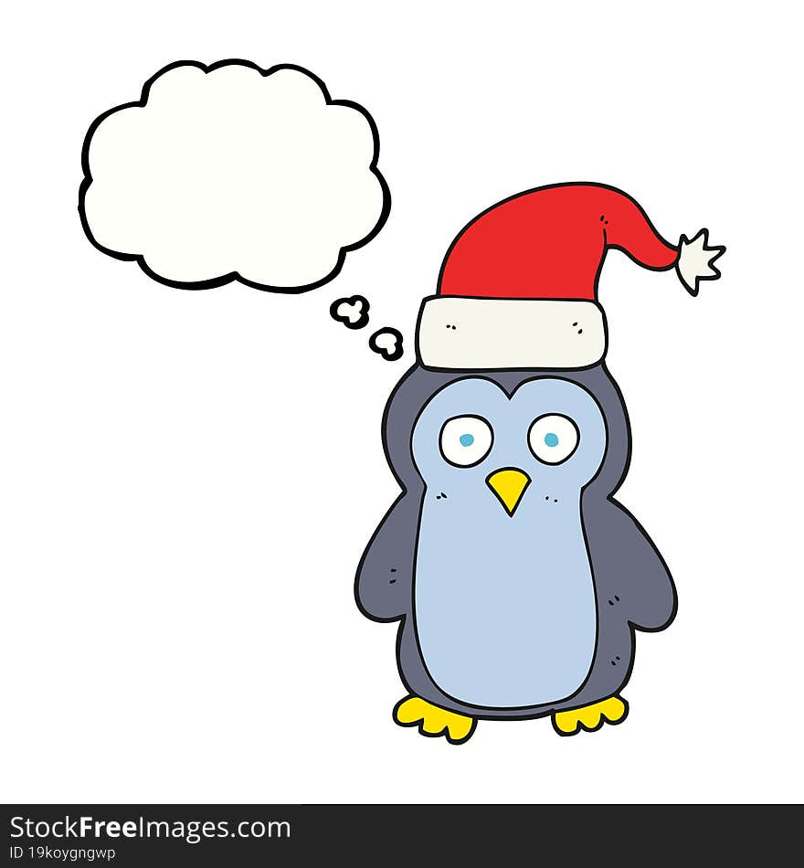 freehand drawn thought bubble cartoon christmas penguin