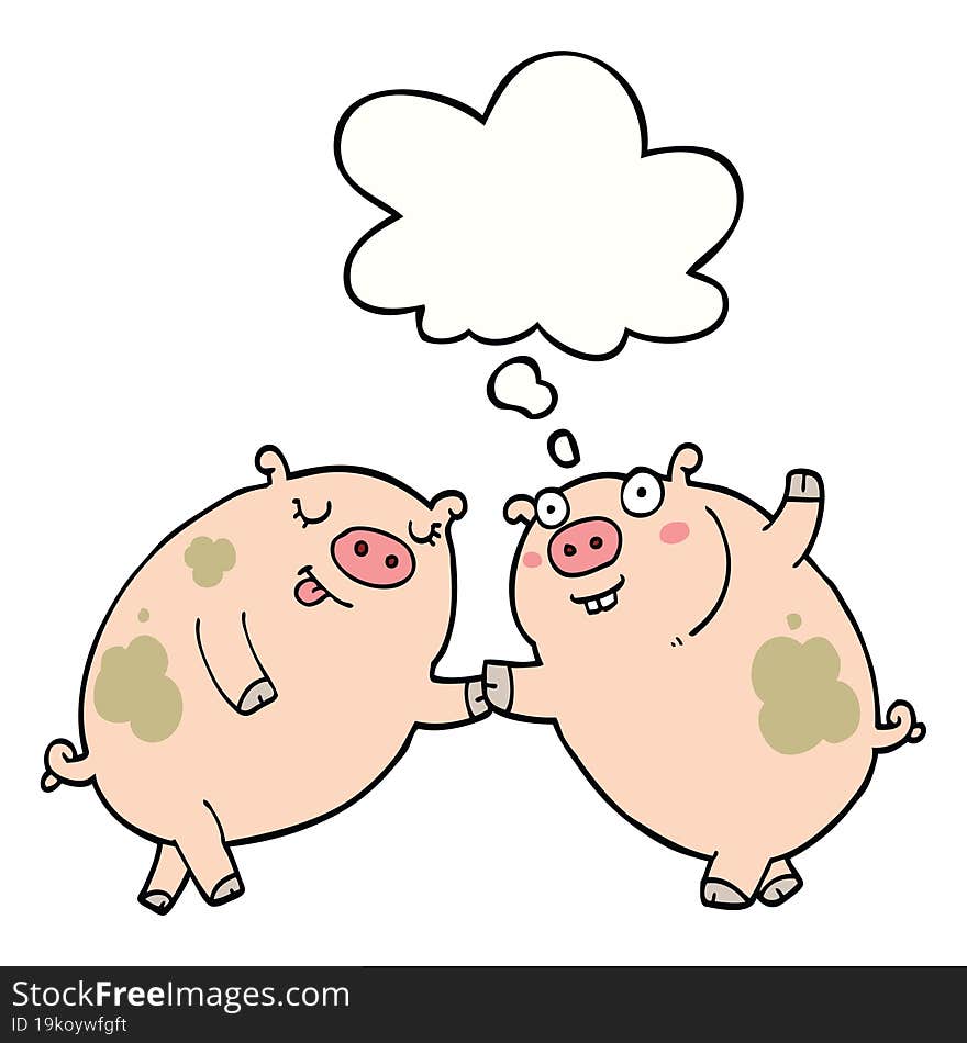 cartoon pigs dancing and thought bubble