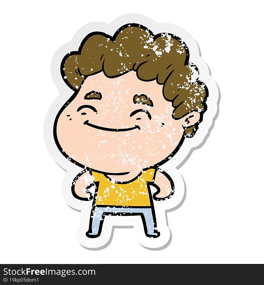 distressed sticker of a cartoon friendly man