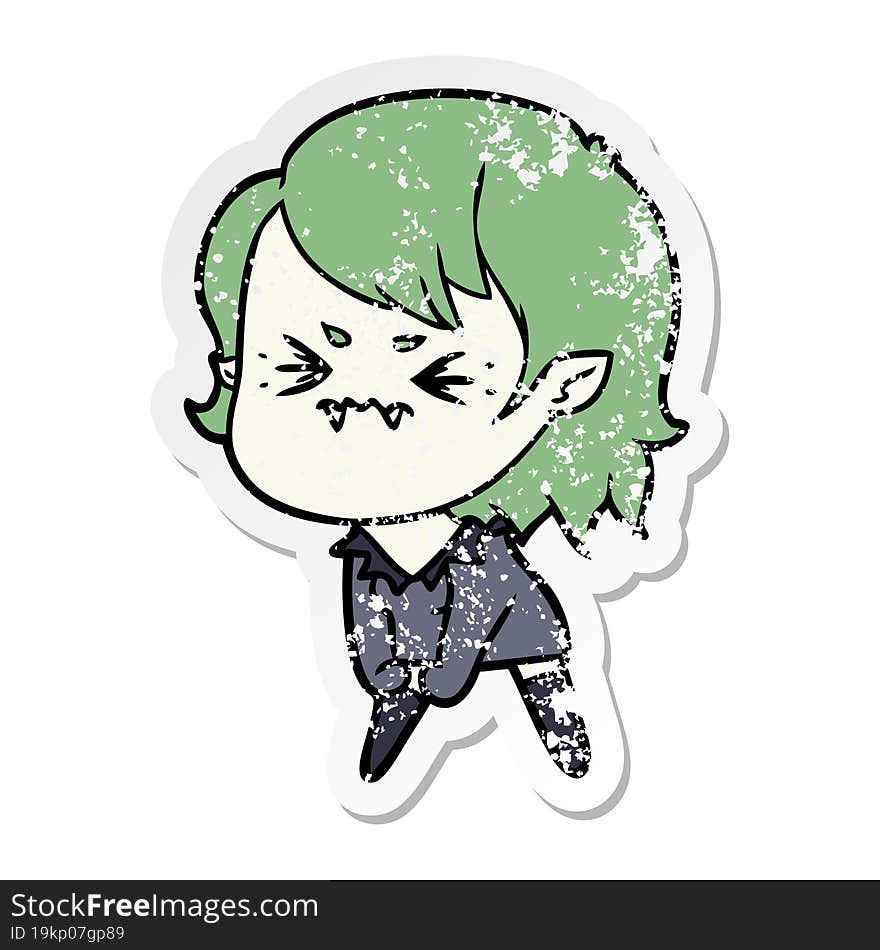 Distressed Sticker Of A Annoyed Cartoon Vampire Girl