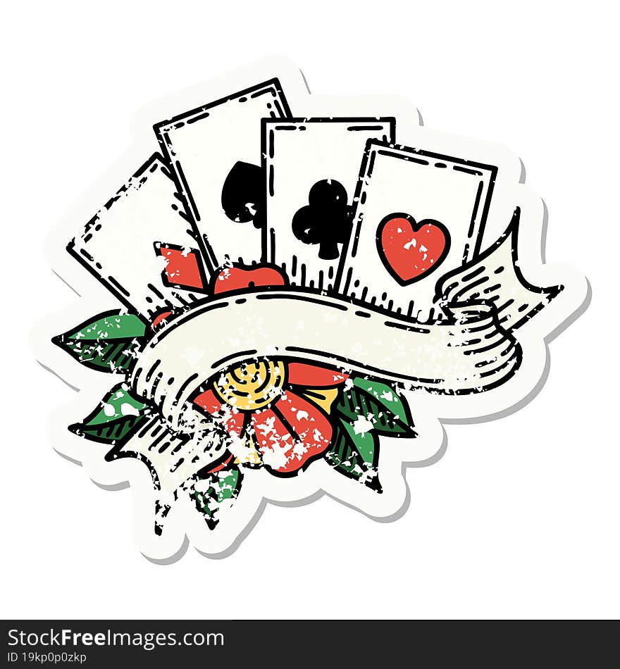 traditional distressed sticker tattoo of cards and banner