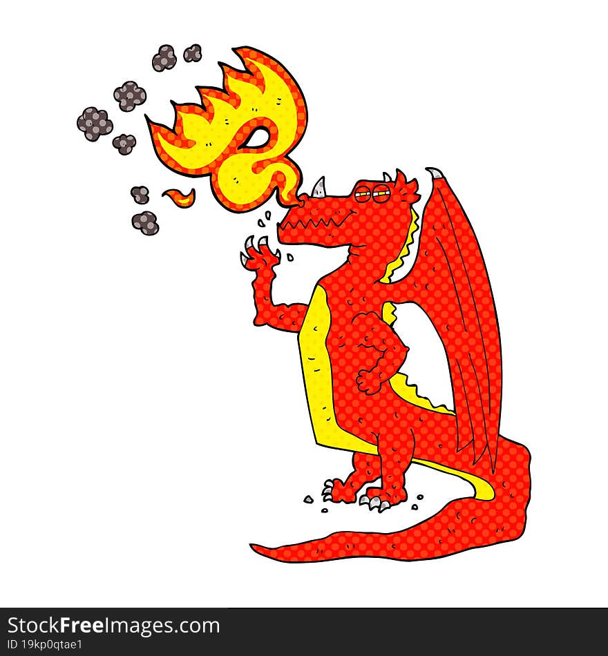 freehand drawn cartoon happy dragon breathing fire