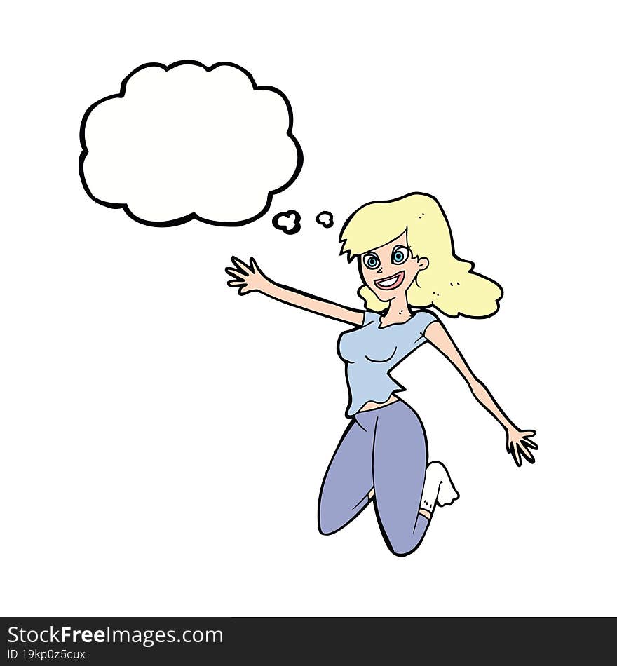 cartoon jumping woman with thought bubble