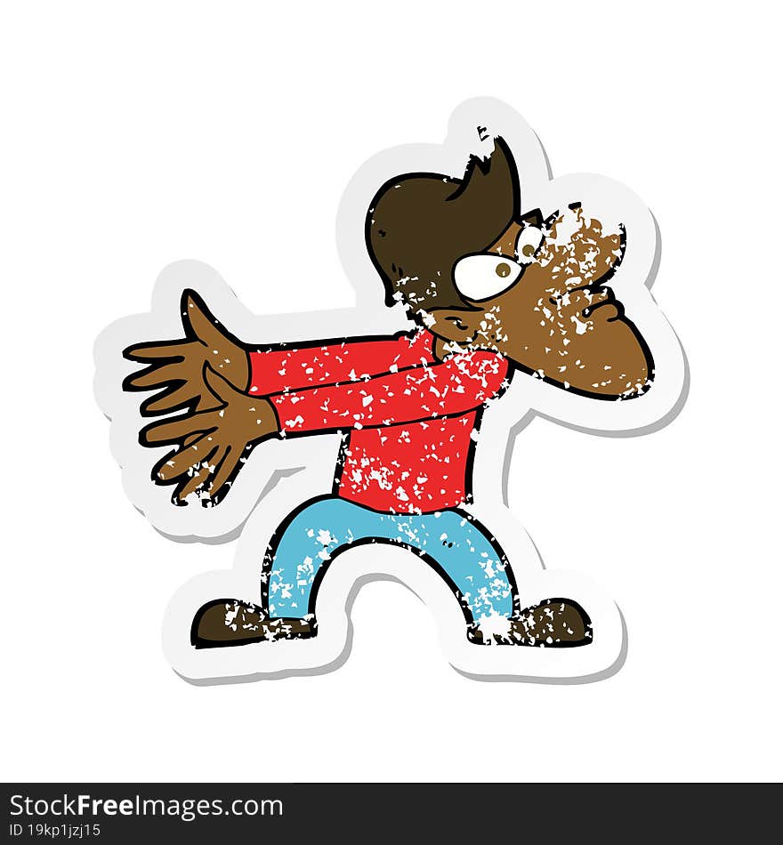 retro distressed sticker of a cartoon annoyed man gesturing