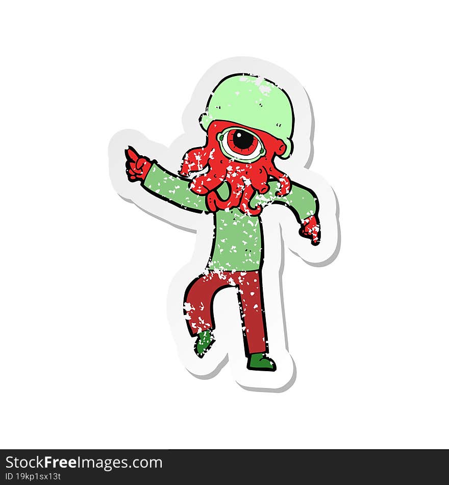 retro distressed sticker of a cartoon alien man dancing