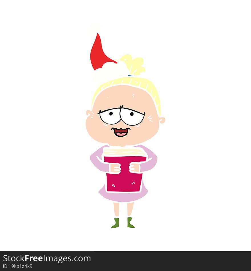 hand drawn flat color illustration of a happy old lady wearing santa hat