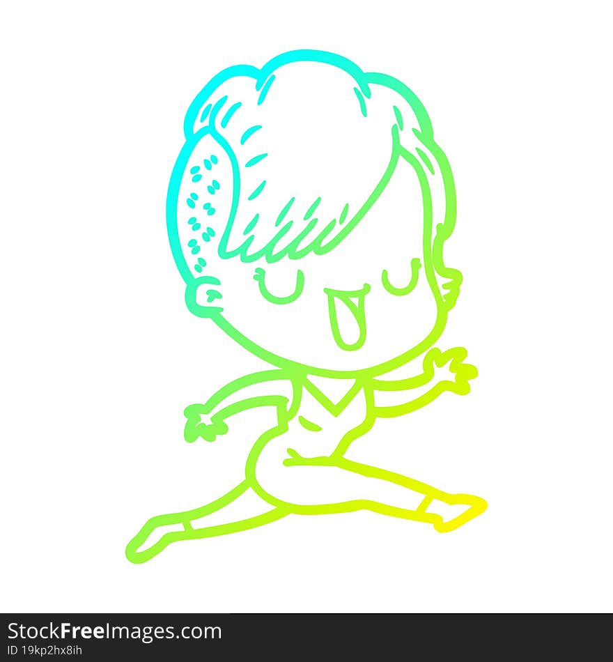 cold gradient line drawing of a cute cartoon girl with hipster haircut