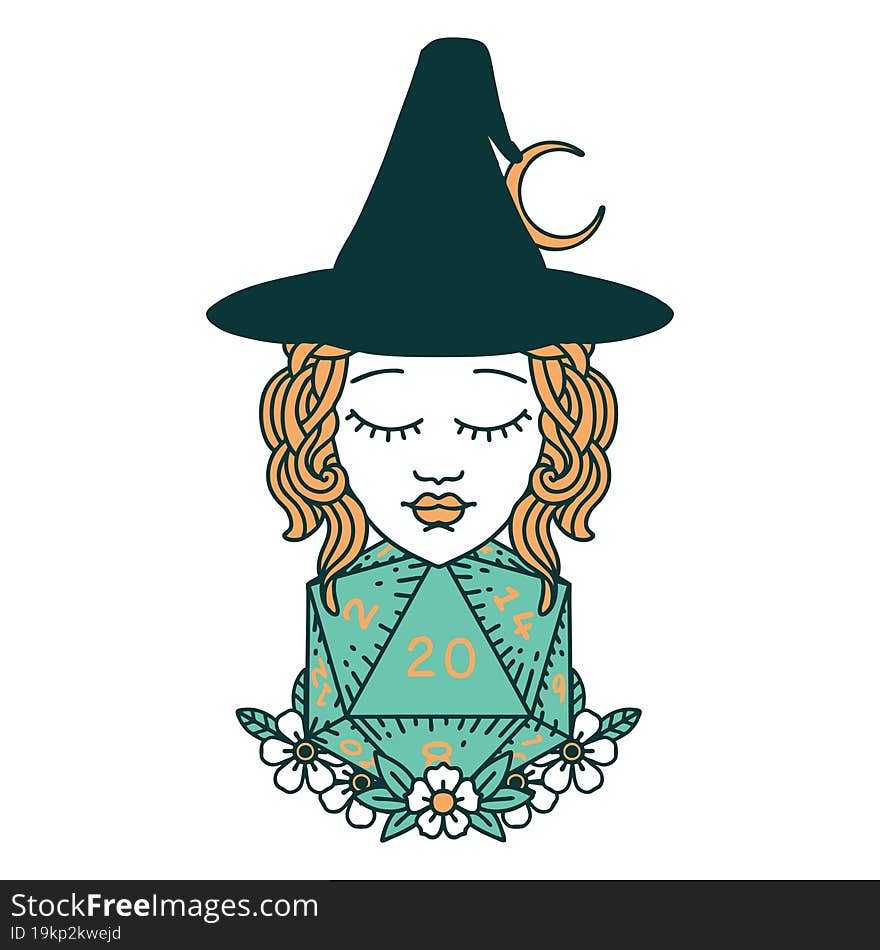 Human Witch With Natural Twenty Dice Roll Illustration