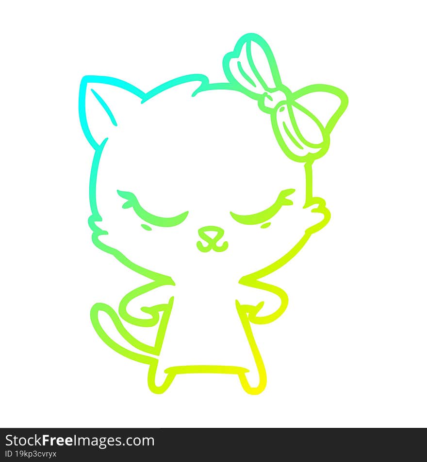 cold gradient line drawing of a cute cartoon cat with bow