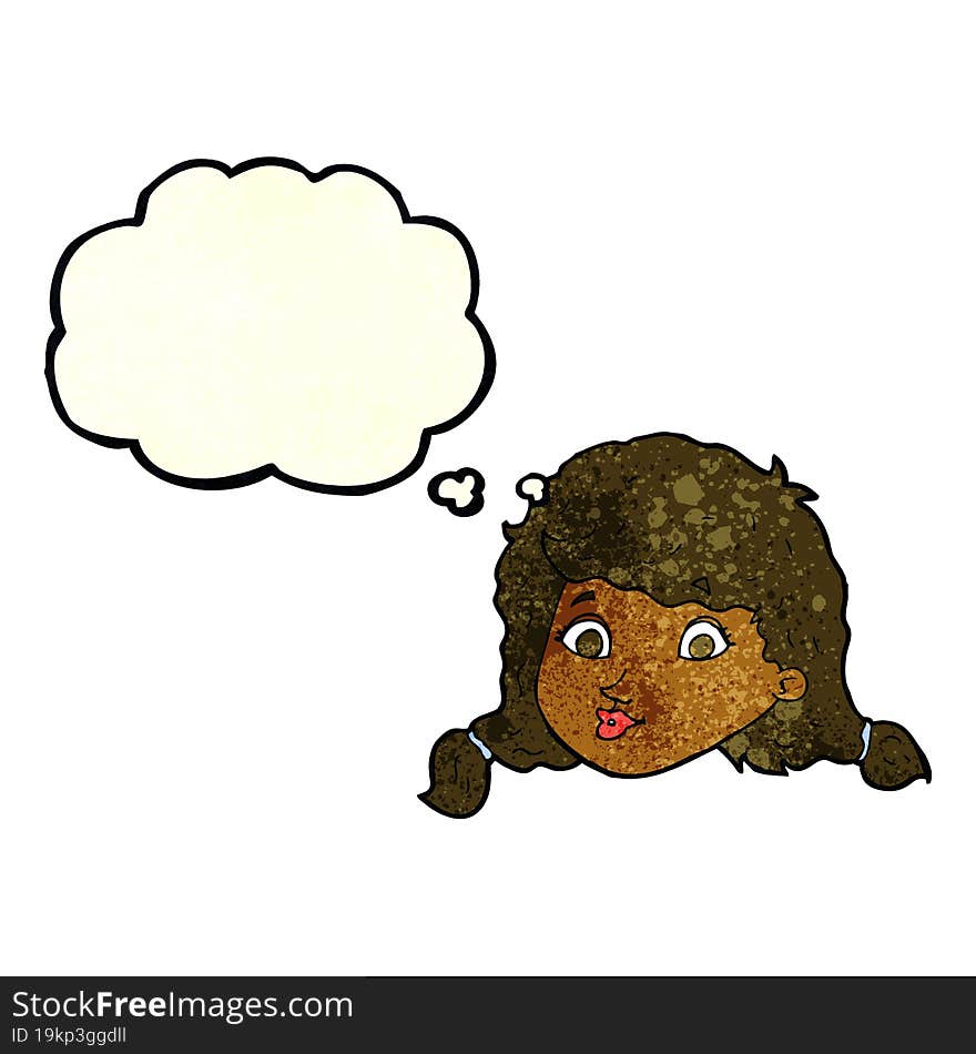 cartoon pretty female face with thought bubble