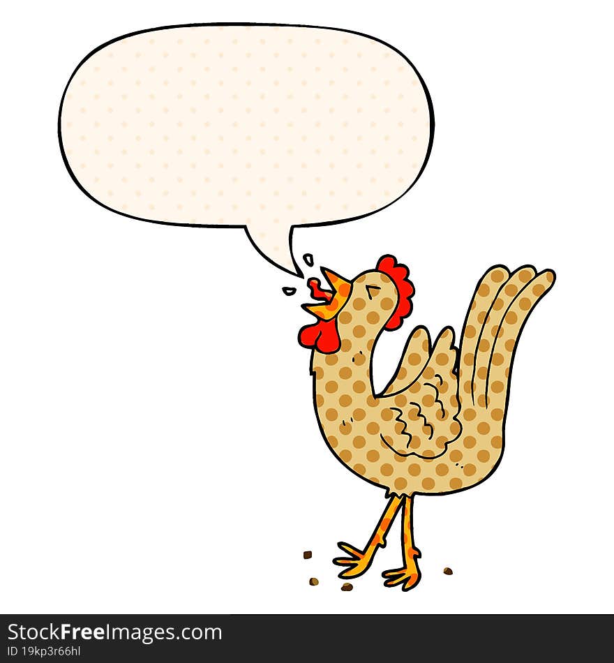 cartoon crowing cockerel and speech bubble in comic book style