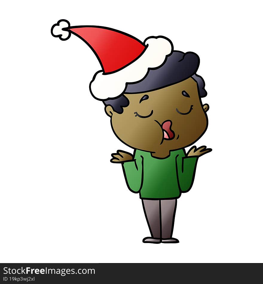 hand drawn gradient cartoon of a man talking and shrugging shoulders wearing santa hat