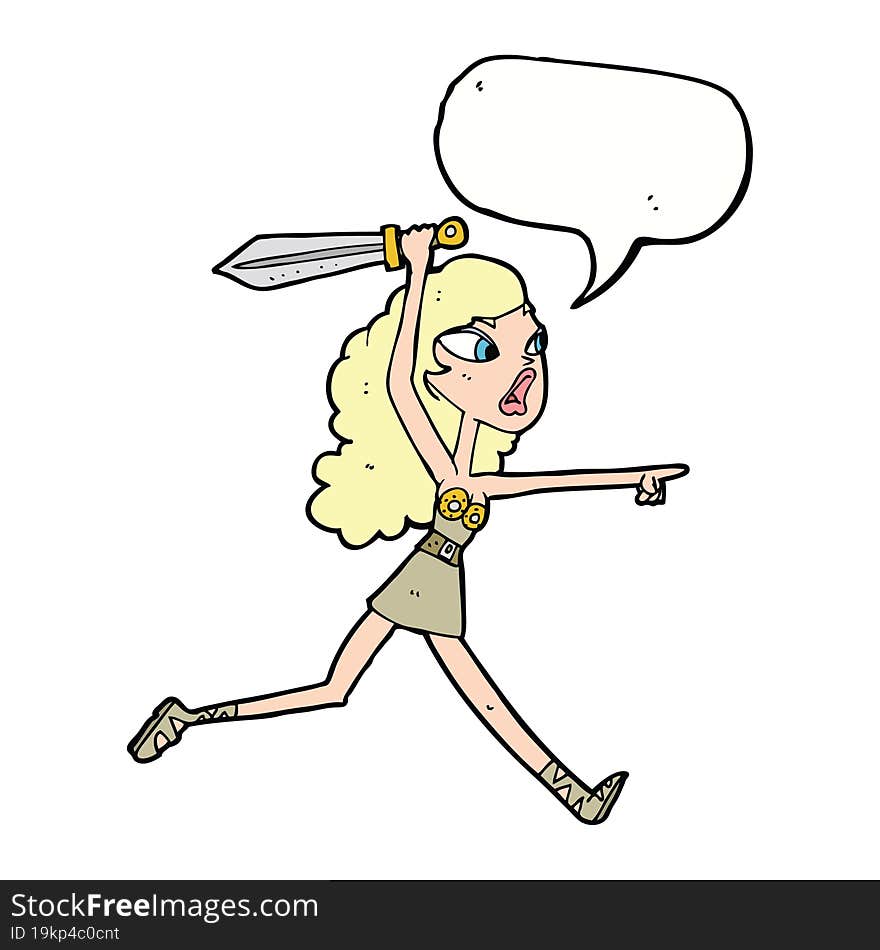 cartoon viking girl with sword with speech bubble